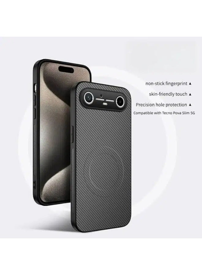 Magnetic Case Compatible with Tecno Pova Slim 5G Carbon Fiber Texture Case Built-in Magnet Anti-Fall Shockproof Protective Back Cover for Tecno Pova Slim 5G - Image 2